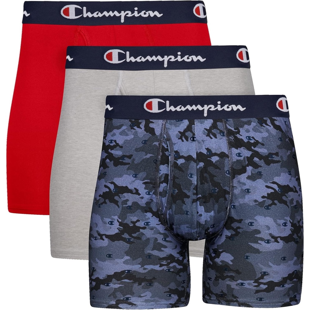 image:imageChampion Mens Everyday Cotton Stretch Boxer Briefs 3 PackBlue Graphic PrintScarletOxford Grey Heather 3 Pack