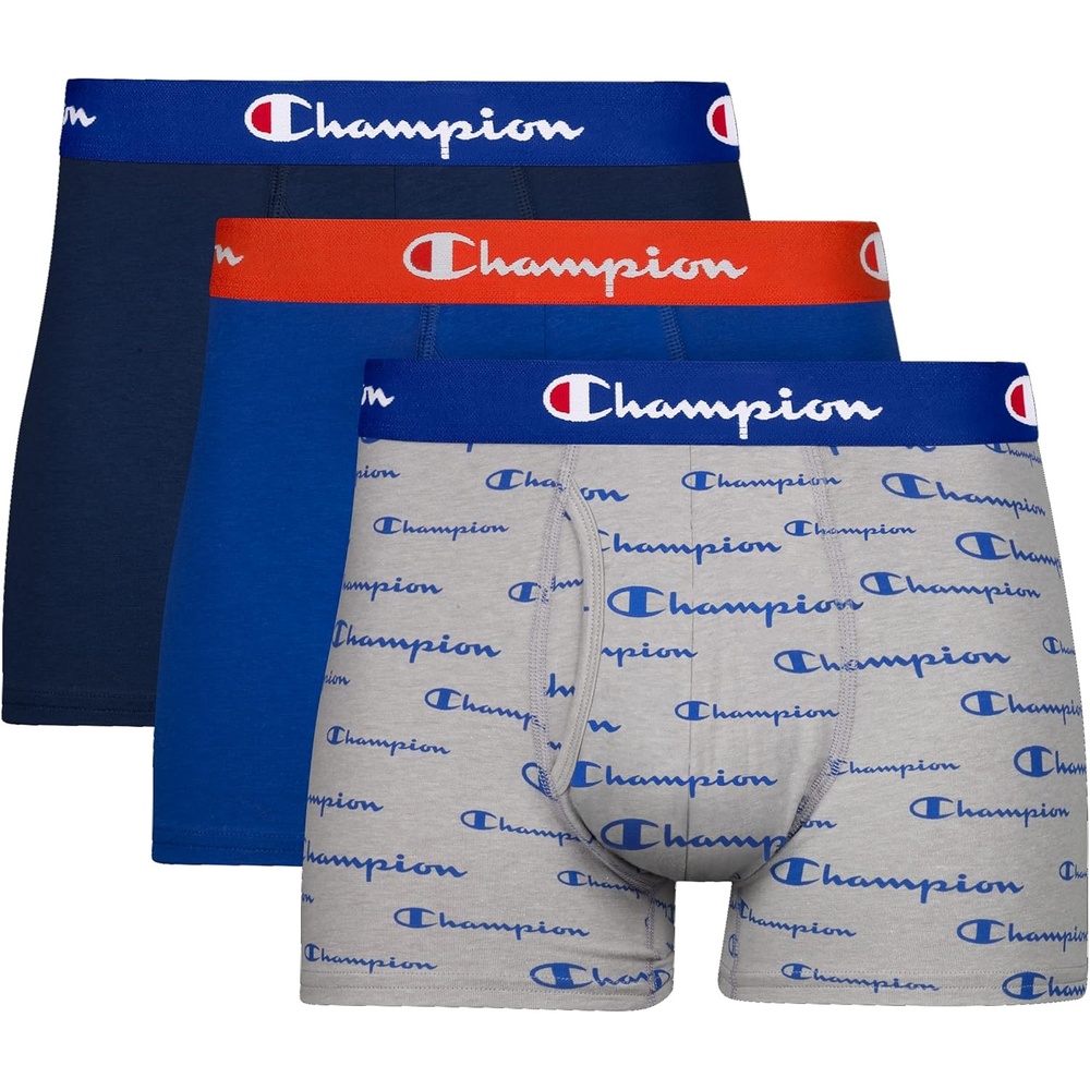 image:imageChampion Mens Everyday Cotton Stretch Trunks 3 PackTrunk Grey Heather Script LogoSurf the WebNavy 3 Pack