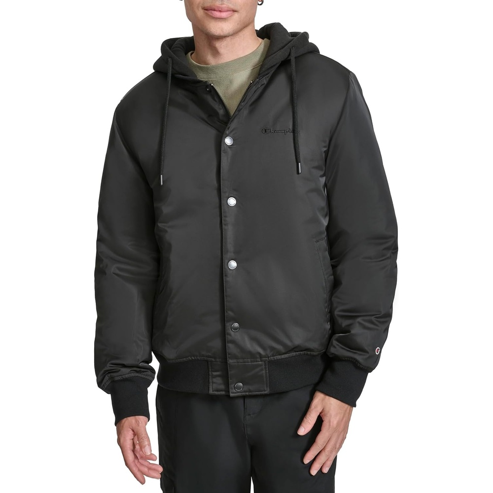 image:imageChampion Mens Hooded Varsity Bomber Jacket With Quilted LiningBlack