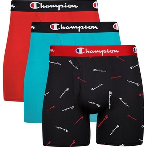 Champion Men’s Everyday Active Lightweight Stretch Variety Boxer Briefs – 3 Pack(Black With Script Logo/Electric Cyan/Scarlet – 3 Pack)