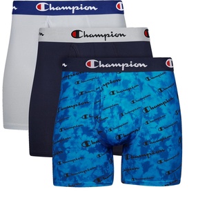 Champion Men’s Everyday Active Lightweight Stretch Variety Boxer Briefs – 3 Pack(Blue Print With Champion Logo/Navy/Silverstone – 3 Pack)