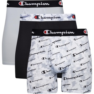 Champion Men’s Everyday Active Lightweight Stretch Variety Boxer Briefs – 3 Pack(Grey Print With Script Logo/New Ebony/Silverstone – 3 Pack)