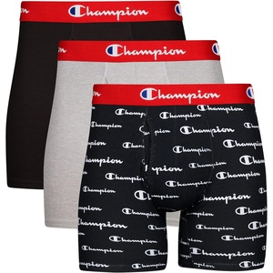 Champion Men’s Everyday Cotton Stretch Boxer Briefs- 3 Pack(Black/Oxford Grey Heather/Black Script Logo – 3 Pack)