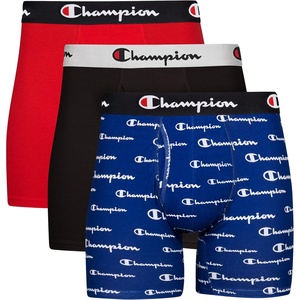 Champion Men’s Everyday Cotton Stretch Boxer Briefs- 3 Pack(Blue White Script Logo/Black/Red – 3 Pack)