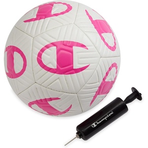 Champion Playmaker Logo Deflated Soccer Ball with Pump, Size 5 Soccer Ball, Durable Panels for Kids, Youth & Adults, Indoor/Outdoor Training Ball with Inflation Hand Pump(White/Optic Pink)
