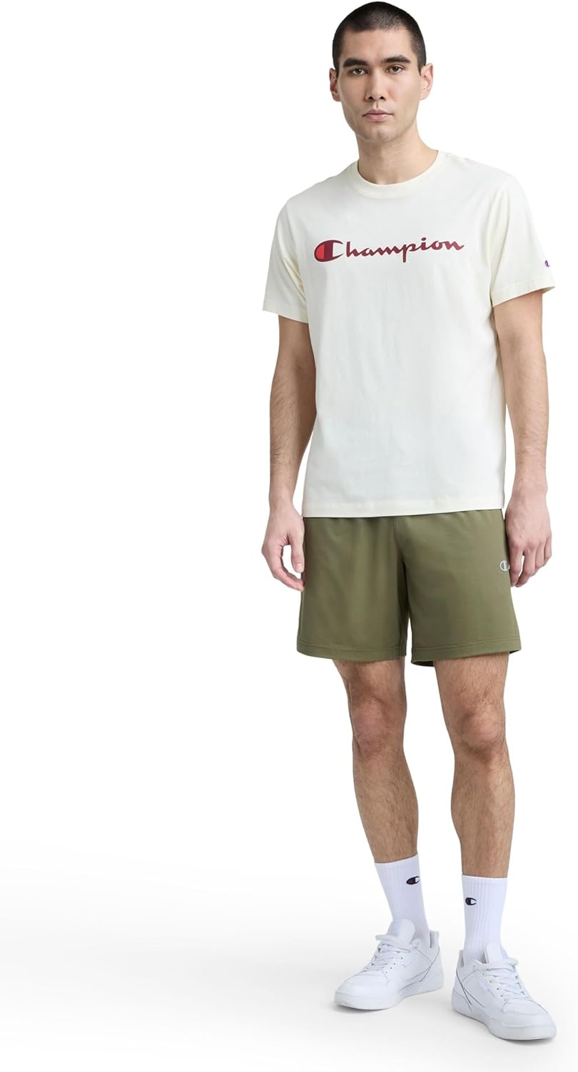 image:imageChampion Mens 7 Sport Knit Shorts Slim Fit LightweightBurnt Olive C Logo