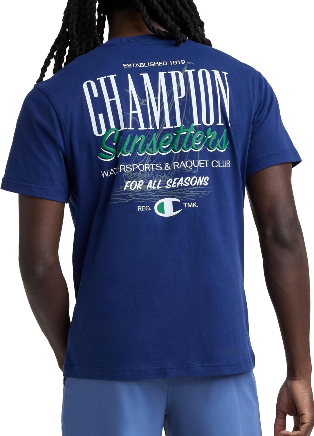 image:imageChampion Mens Classic Graphic Short Sleeve TShirt Standard Fit Champion Club GraphicsBlue Depths Sunsetters