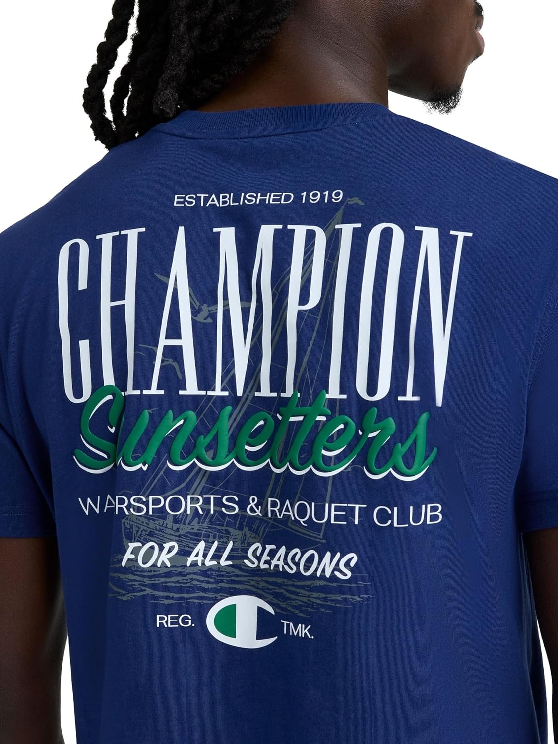 image:imageChampion Mens Classic Graphic Short Sleeve TShirt Standard Fit Champion Club GraphicsBlue Depths Sunsetters