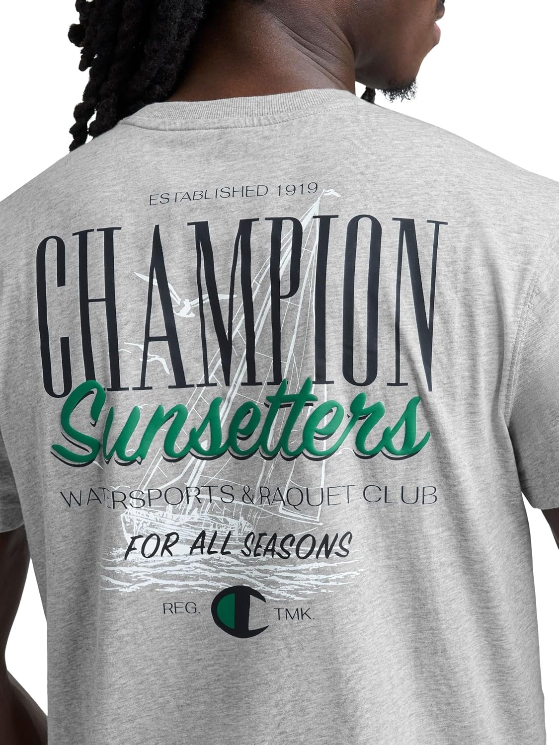 image:imageChampion Mens Classic Graphic Short Sleeve TShirt Standard Fit Champion Club GraphicsOxford Gray Heather Sunsetters