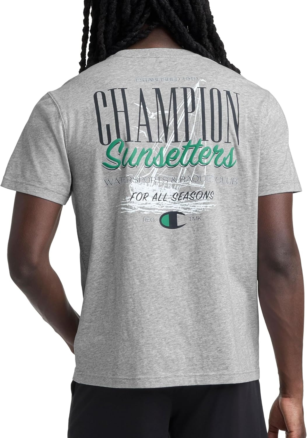 image:imageChampion Mens Classic Graphic Short Sleeve TShirt Standard Fit Champion Club GraphicsOxford Gray Heather Sunsetters