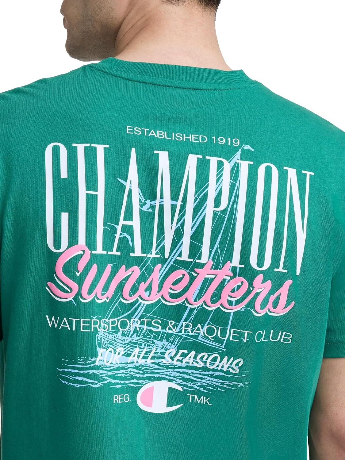 image:imageChampion Mens Classic Graphic Short Sleeve TShirt Standard Fit Champion Club GraphicsVerdant Green Sunsetters