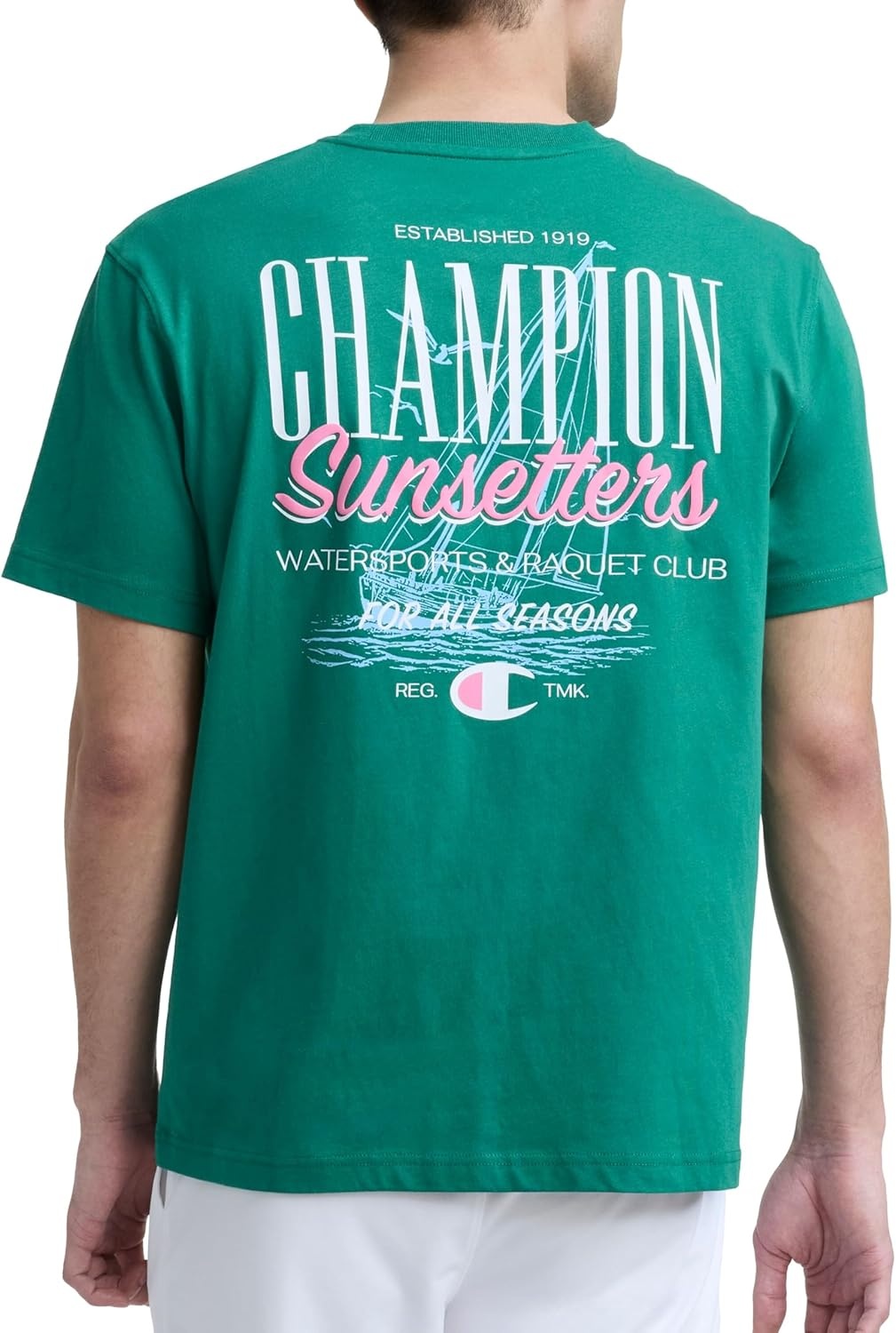 image:imageChampion Mens Classic Graphic Short Sleeve TShirt Standard Fit Champion Club GraphicsVerdant Green Sunsetters