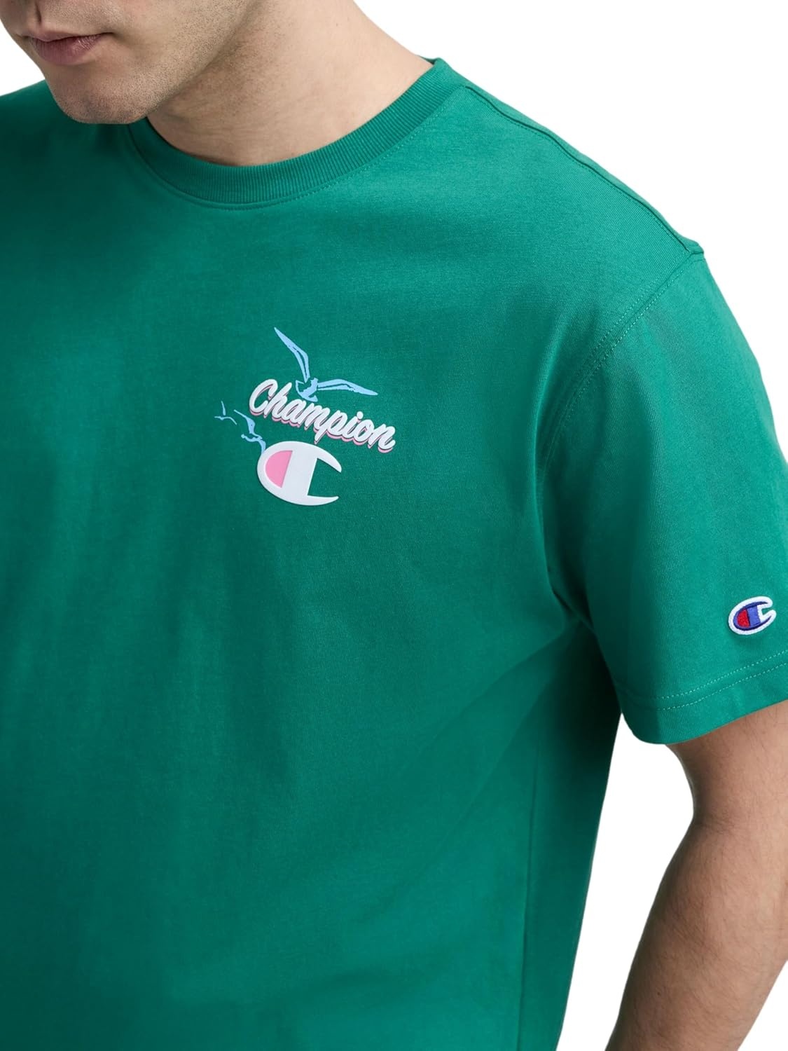 image:imageChampion Mens Classic Graphic Short Sleeve TShirt Standard Fit Champion Club GraphicsVerdant Green Sunsetters
