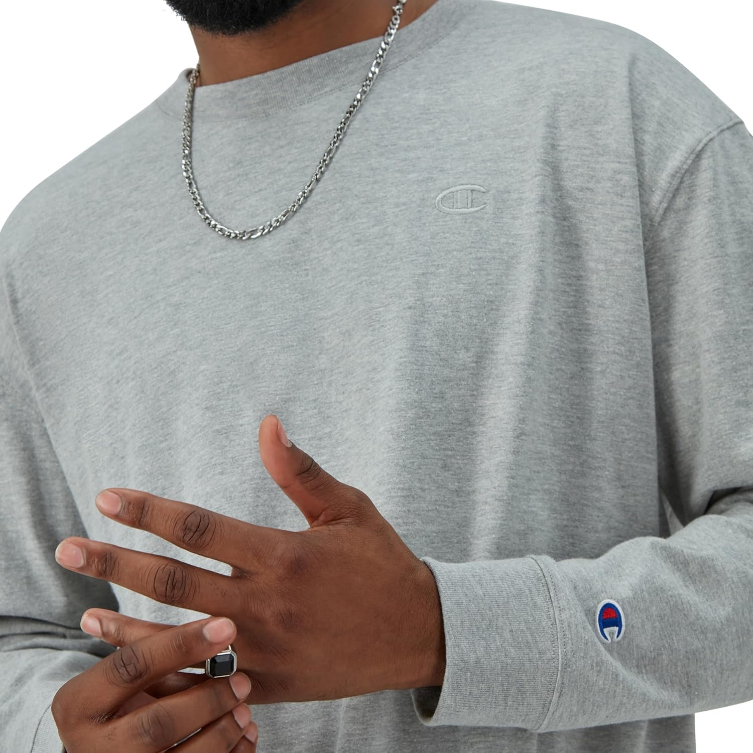 image:imageChampion Mens Classic Long Sleeve TShirt Standard Fit Script amp C Logo Available in Regular and Big amp TallPlatinum Silver Heather