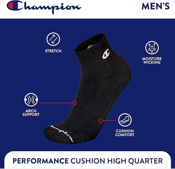 image:imageChampion Mens High Quarter Socks 6pack Moisturewicking Athletic Socks With Cushioning amp Arch Support Size 612Black