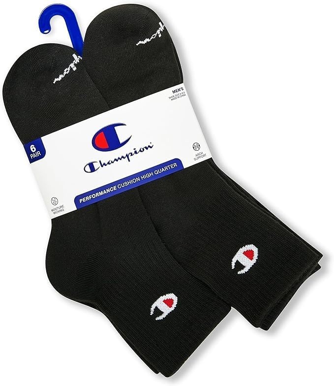 image:imageChampion Mens High Quarter Socks 6pack Moisturewicking Athletic Socks With Cushioning amp Arch Support Size 612Black