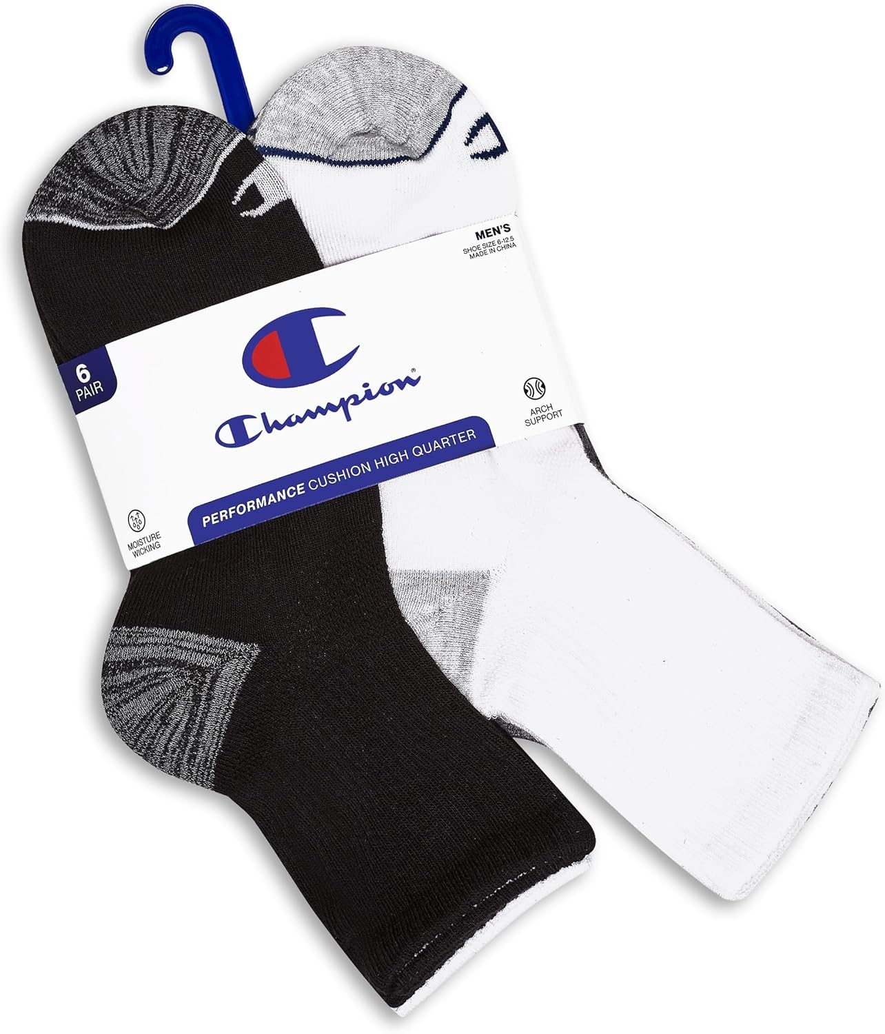image:imageChampion Mens High Quarter Socks 6pack Moisturewicking Athletic Socks With Cushioning amp Arch Support Size 612Black Assorted HeelToe
