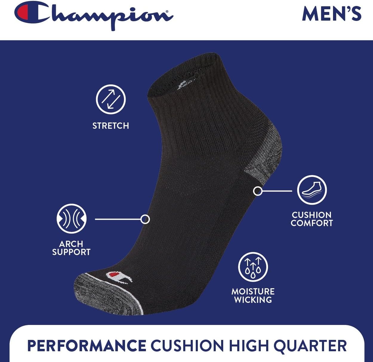 image:imageChampion Mens High Quarter Socks 6pack Moisturewicking Athletic Socks With Cushioning amp Arch Support Size 612Black Assorted HeelToe
