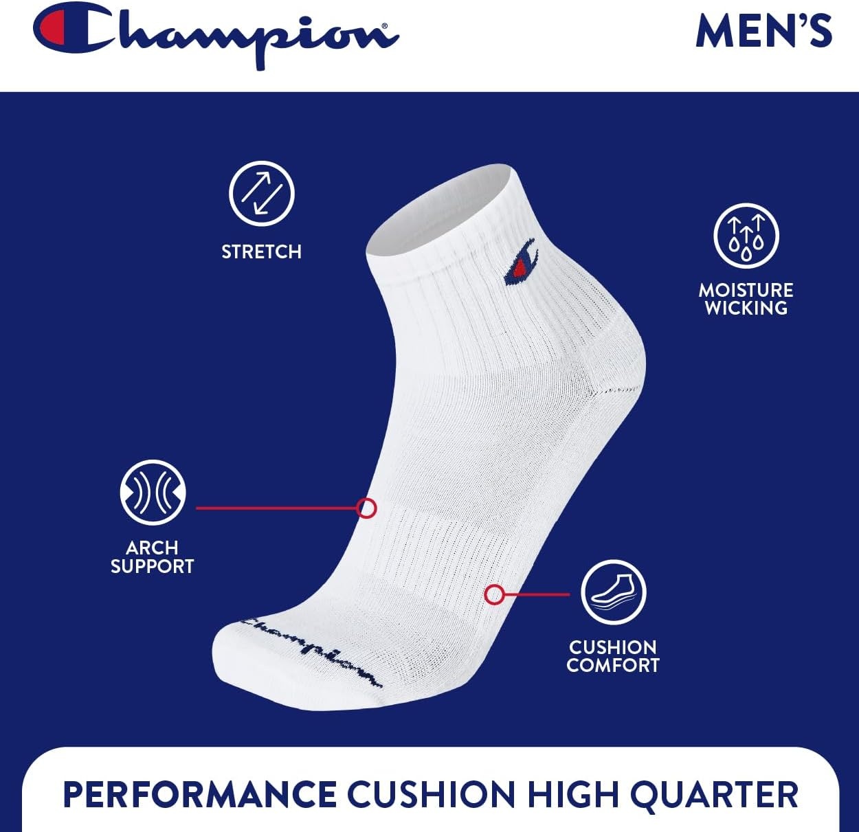 image:imageChampion Mens High Quarter Socks 6pack Moisturewicking Athletic Socks With Cushioning amp Arch Support Size 612White