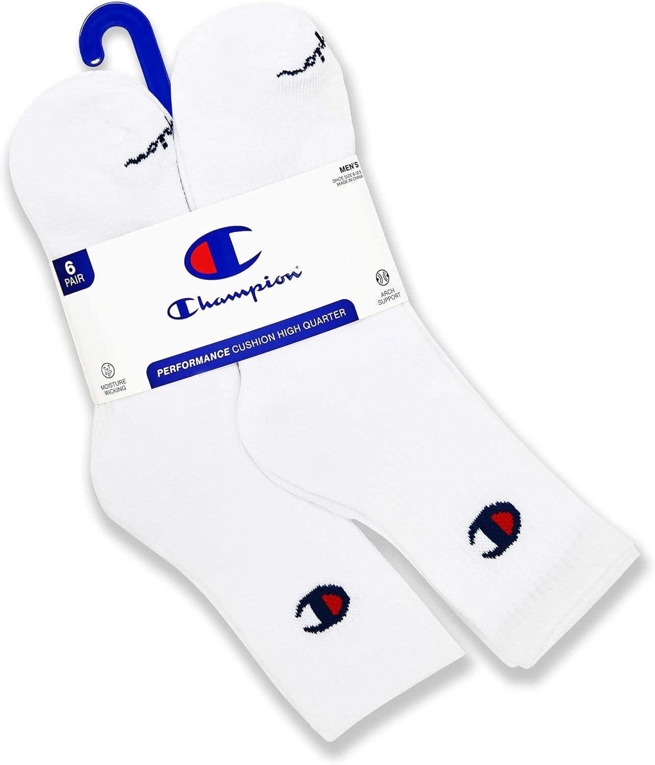 image:imageChampion Mens High Quarter Socks 6pack Moisturewicking Athletic Socks With Cushioning amp Arch Support Size 612White