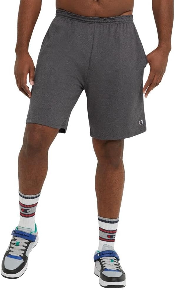image:imageChampion Mens Lounge Shorts Standard Fit 9 Inch Inseam Lightweight 100 Cotton Available in Regular and Big amp TallGranite Heather C Patch Logo