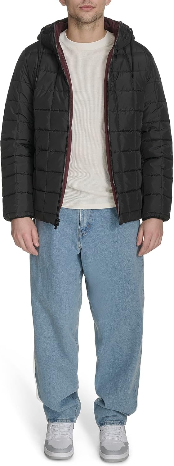 image:imageChampion Mens Reversible Box Quilted Hooded JacketBlackBurgundy
