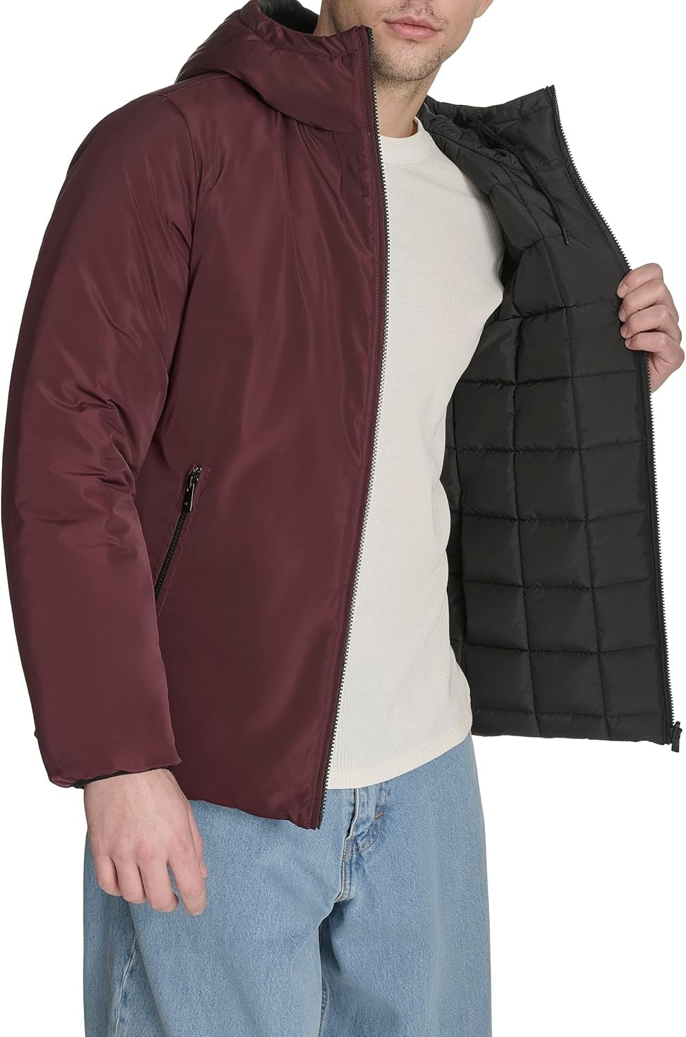 image:imageChampion Mens Reversible Box Quilted Hooded JacketBlackBurgundy