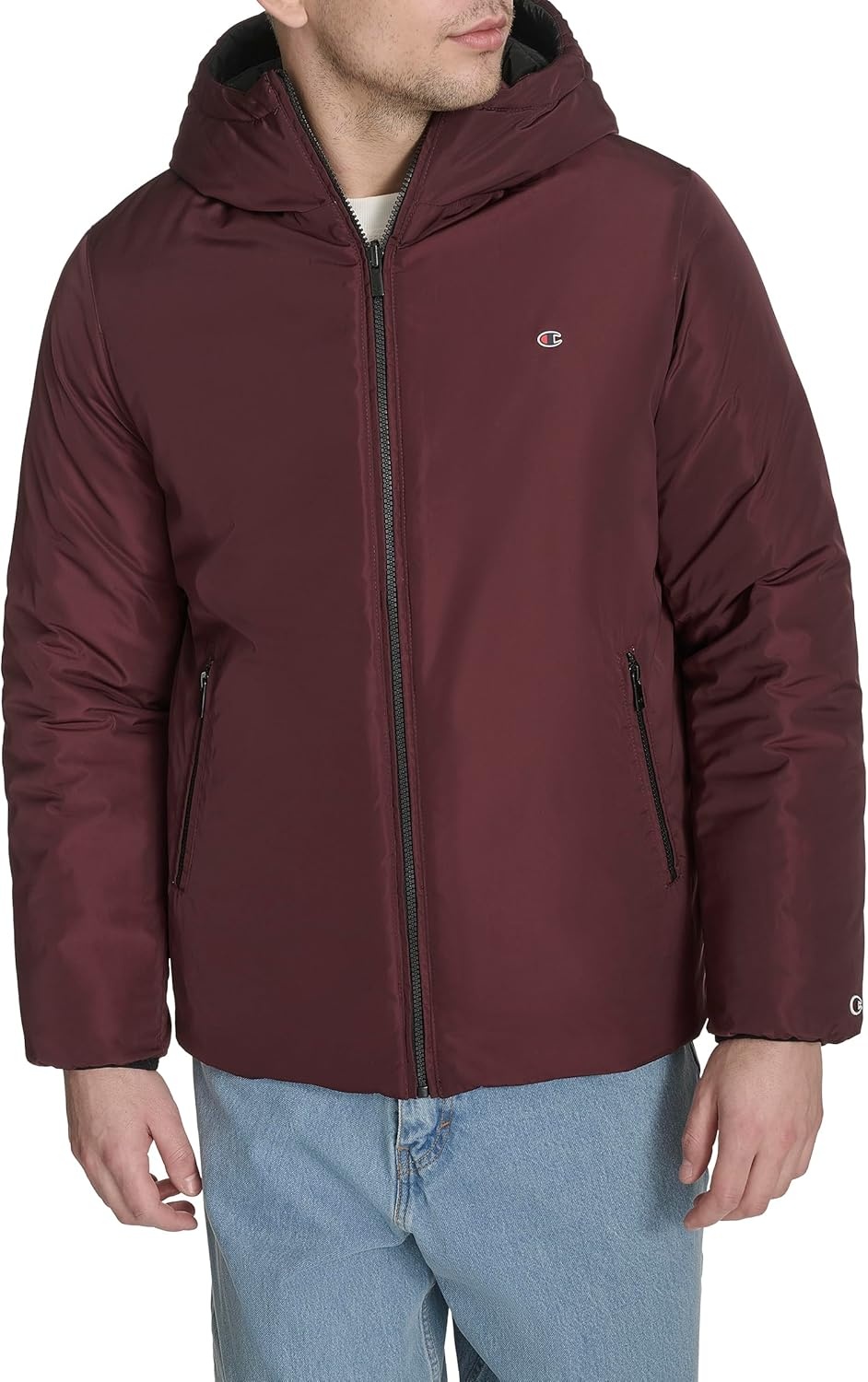 image:imageChampion Mens Reversible Box Quilted Hooded JacketBlackBurgundy