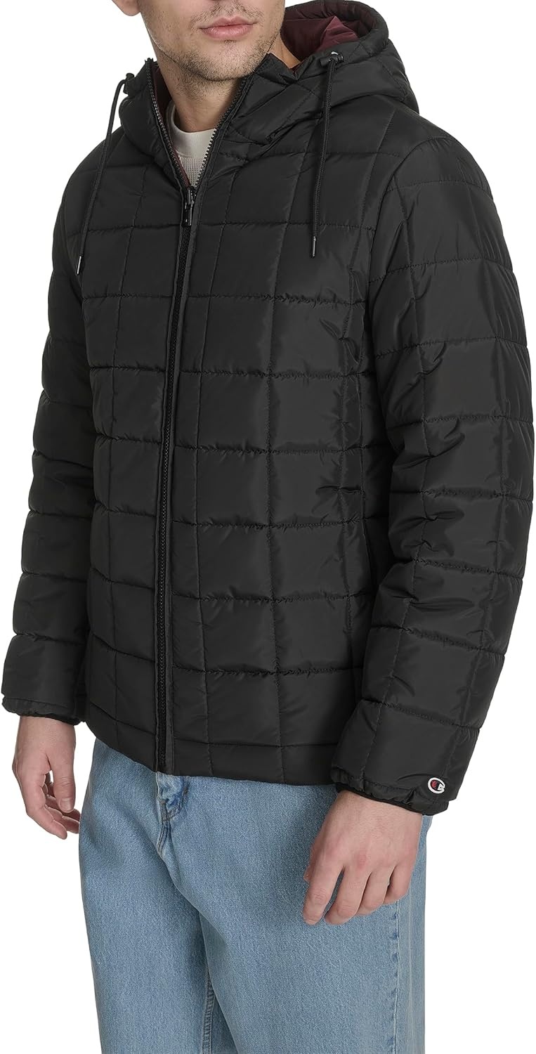 image:imageChampion Mens Reversible Box Quilted Hooded JacketBlackBurgundy