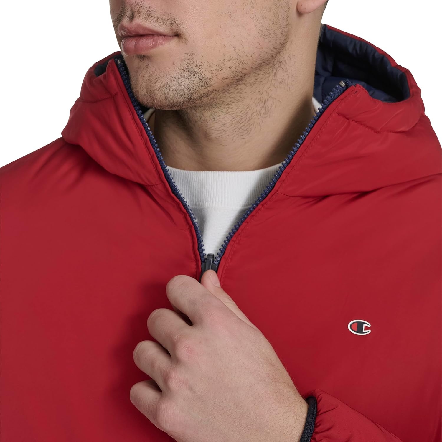 image:imageChampion Mens Reversible Box Quilted Hooded JacketNavyRed