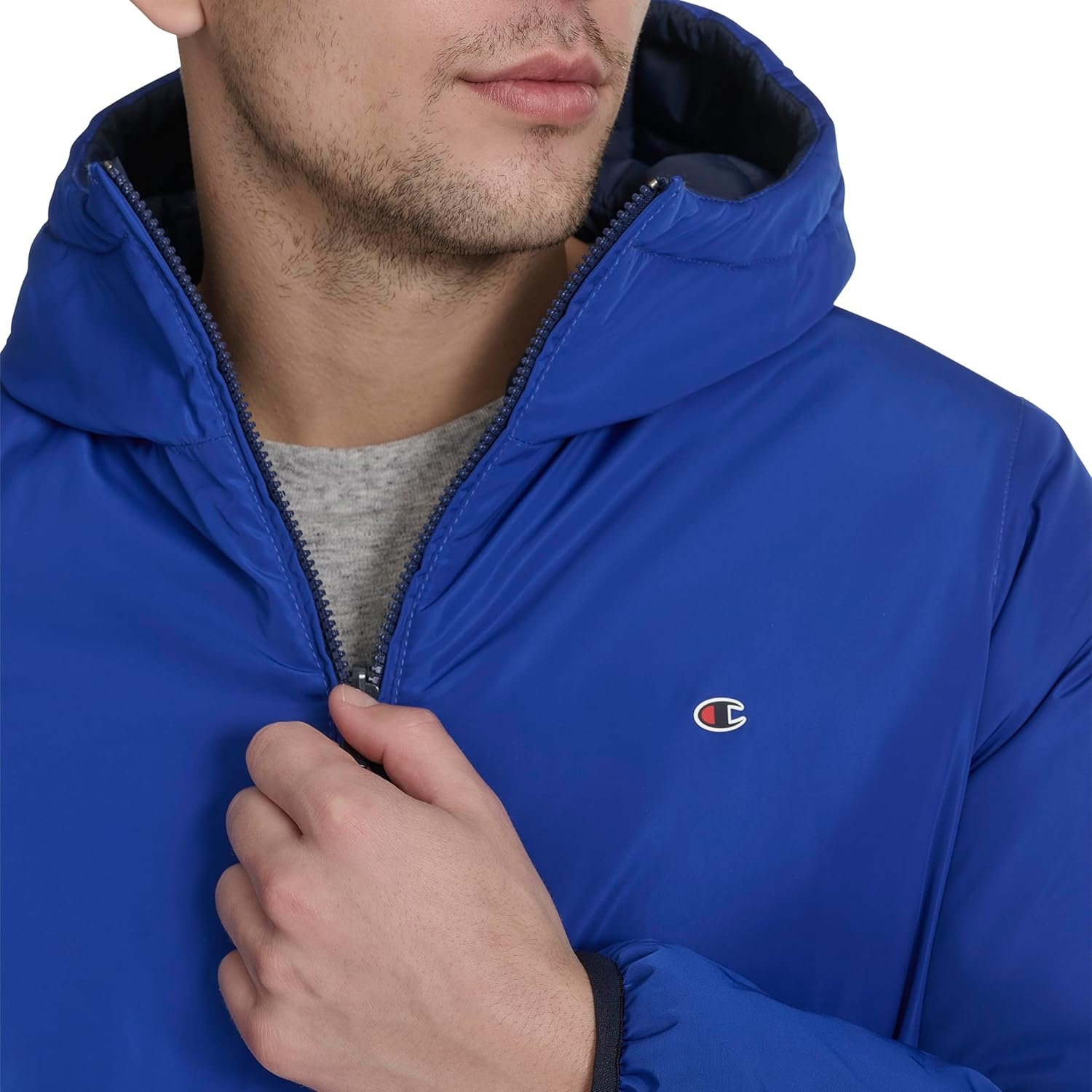 image:imageChampion Mens Reversible Box Quilted Hooded JacketNavyRoyal Blue