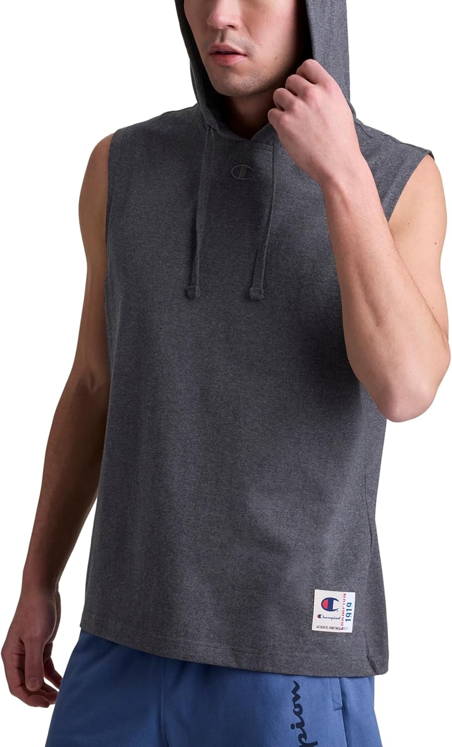 image:imageChampion Mens Sleeveless TShirt Hoodie Standard Fit LightweightGranite Heather C Logo