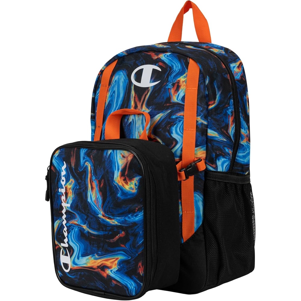 image:imageChampion Kids Mode 2Piece Backpack and Insulated Lunch Box Combo Set with Laptop Compartment Padded Straps Water Bottle Pocket for Daily Use Vermillion OrangeBlack One Size