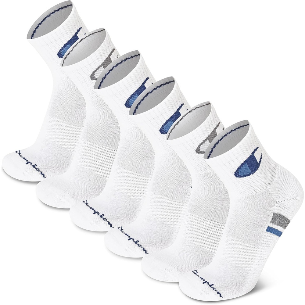 image:imageChampion Mens High Quarter Socks 6pack Moisturewicking Athletic Socks With Cushioning amp Arch Support Size 612White Cuff Logo