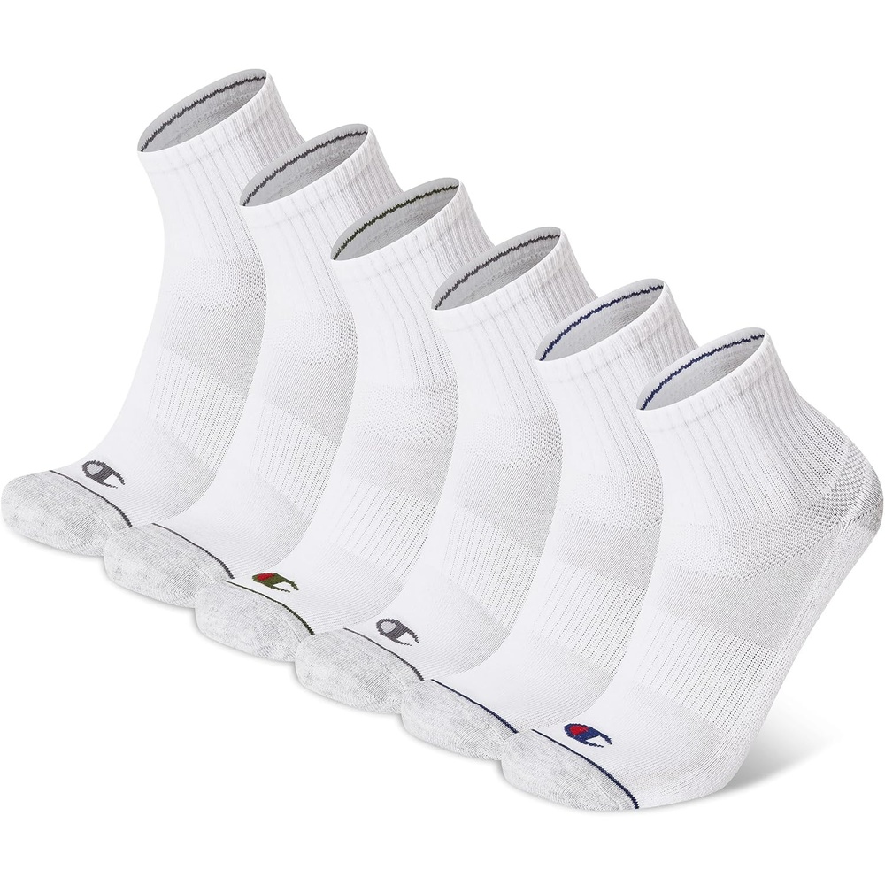 image:imageChampion Mens High Quarter Socks  6pack Moisturewicking Athletic Socks With Cushioning amp Arch Support Size 612White HeelToe