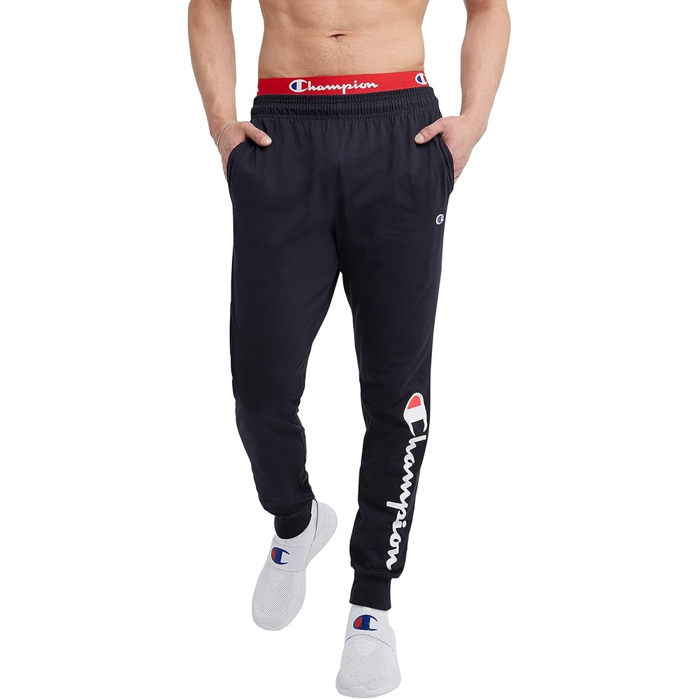 image:imageChampion Mens Joggers Everyday Cotton Lightweight Lounge Knit Pants for Men 31Navy Classic Script Logo