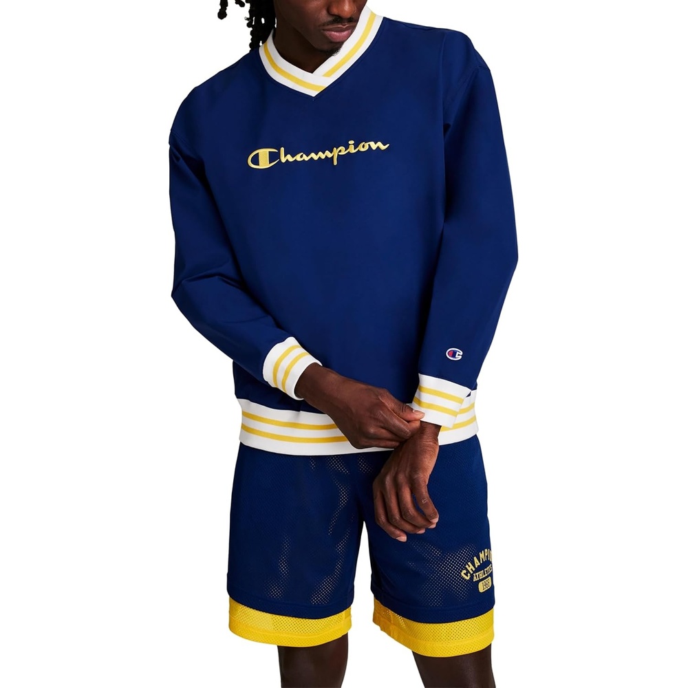 image:imageChampion Mens Lightweight VNeck Woven Pullover Standard Fit Script LogoBlue Depths
