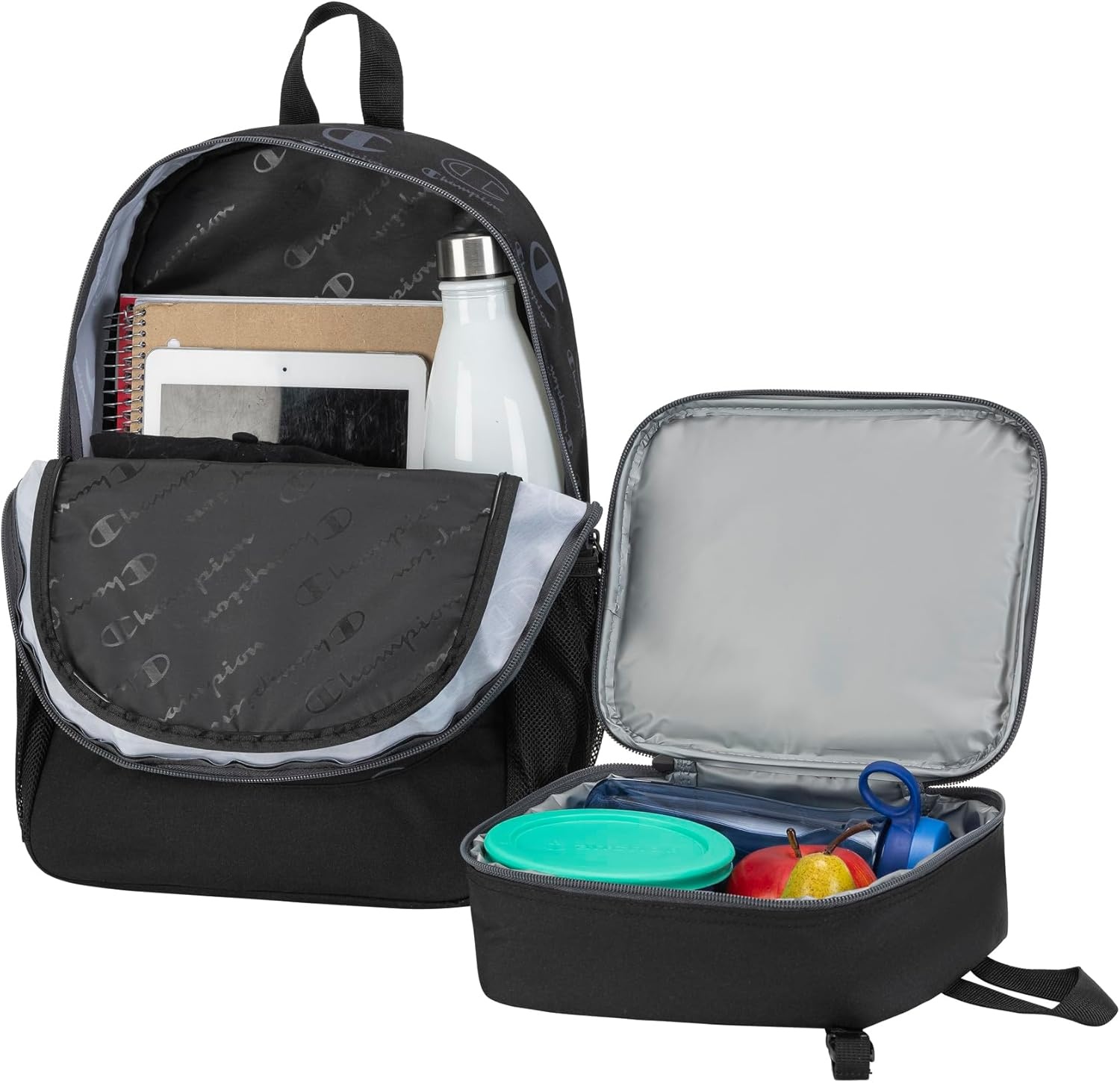 image:imageChampion Kids Mode 2Piece Backpack and Insulated Lunch Box Combo Set with Laptop Compartment Padded Straps Water Bottle Pocket for Daily Use BlackGrey One Size