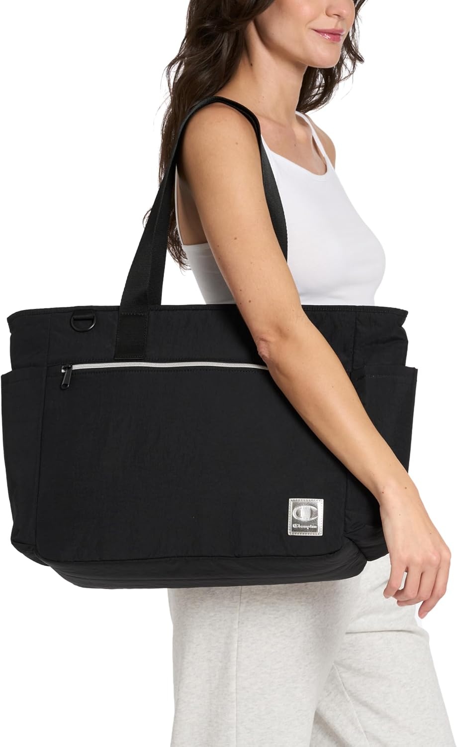 image:imageChampion Quartz Crinkle Nylon Tote with Laptop Sleeve Luggage Strap Zip ClosureAbbey Stone