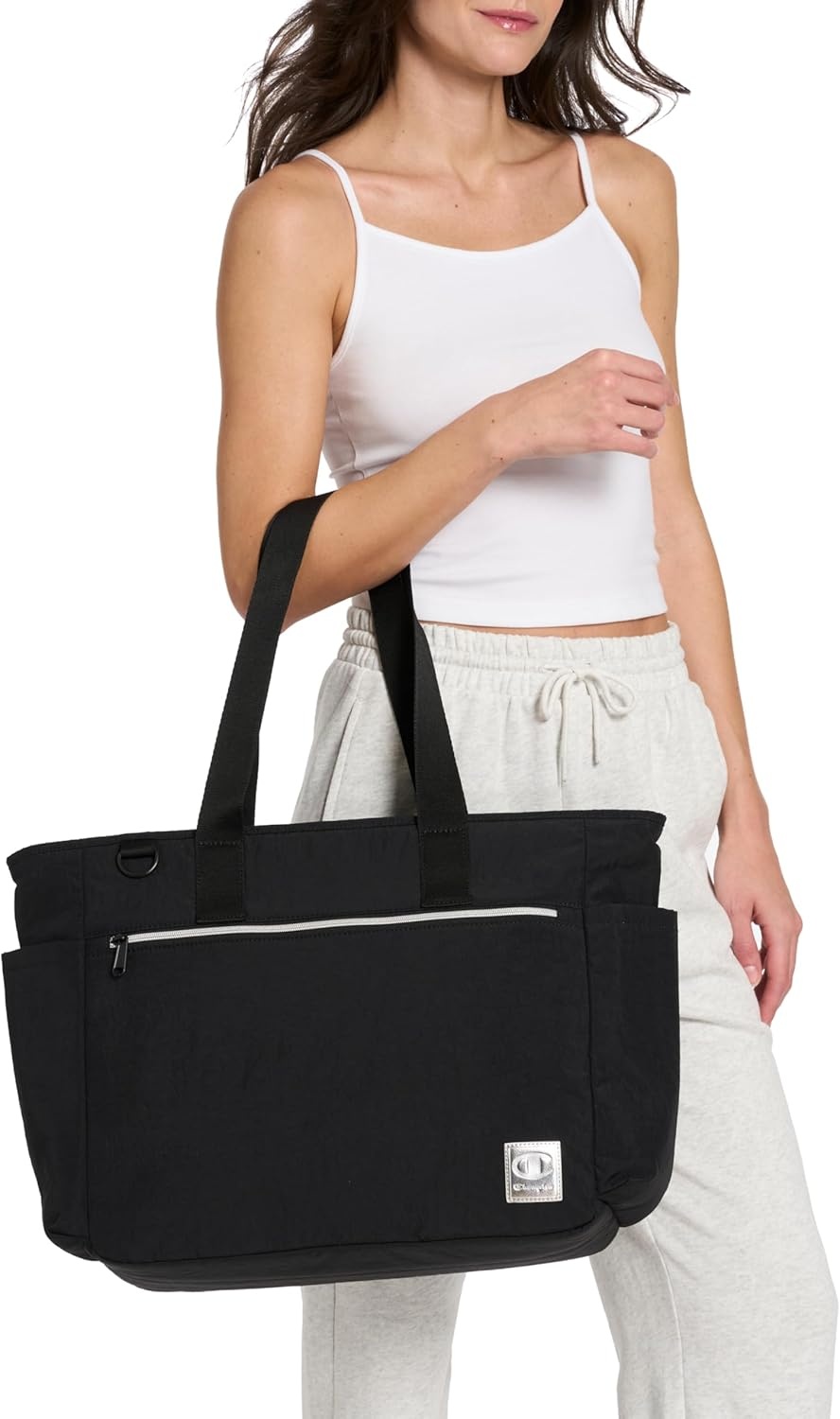 image:imageChampion Quartz Crinkle Nylon Tote with Laptop Sleeve Luggage Strap Zip ClosureAbbey Stone