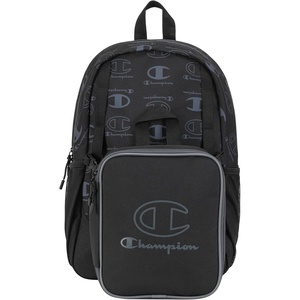 Champion Kids’ Mode 2-Piece Backpack and Insulated Lunch Box Combo Set with Laptop Compartment, Padded Straps, Water Bottle Pocket for Daily Use, Black/Grey, One Size