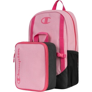 Champion Kids’ Mode 2-Piece Backpack and Insulated Lunch Box Combo Set with Laptop Compartment, Padded Straps, Water Bottle Pocket for Daily Use, Pink Heather/Dark Heather/Hot Pink, One Size