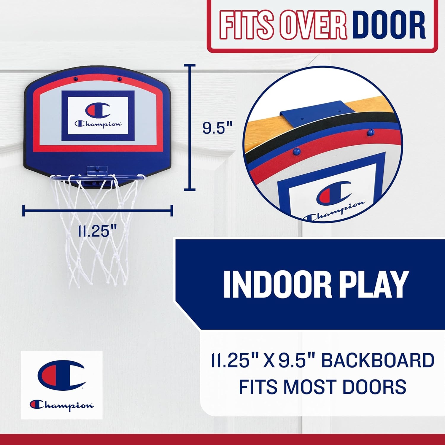 image:imageChampion 360 Mini Basketball Hoop SetOvertheDoor 105x 85Backboard with SpringLoaded Foldable Rim Nylon NetMini BallRedWhiteBlue