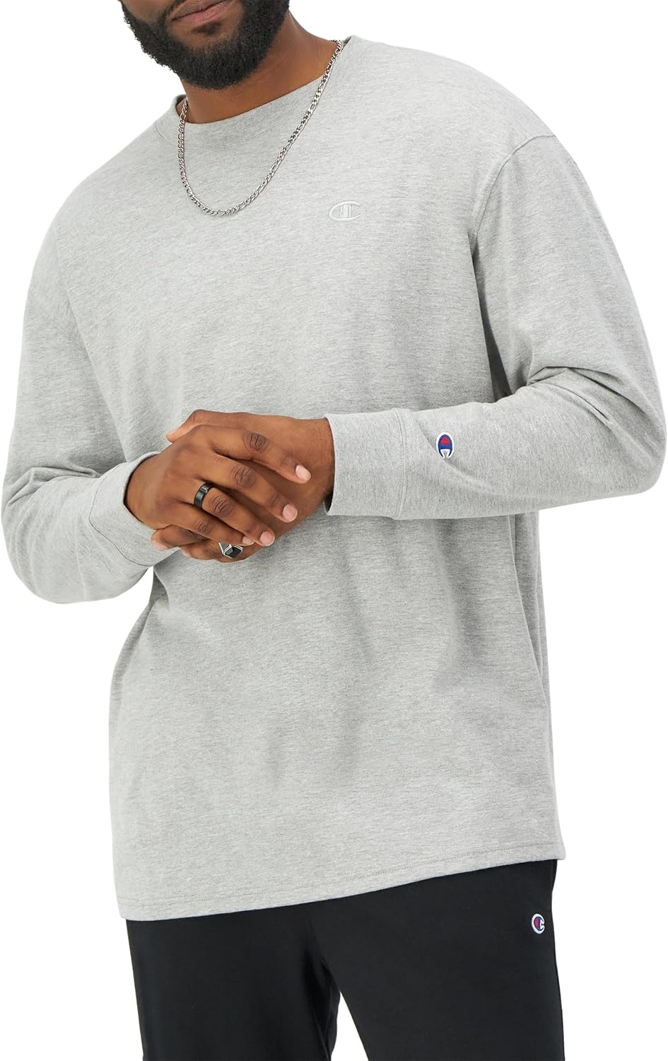 image:imageChampion Mens Classic Long Sleeve TShirt Standard Fit C Logo Available in Regular and Big amp TallPlatinum Silver Heather