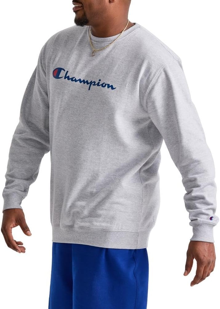 image:imageChampion Mens Crewneck Fleece Sweatshirt Standard Fit Midweight Script Logo Available in Regular and Big amp TallPlatinum Silver Heather Classic Script Logo