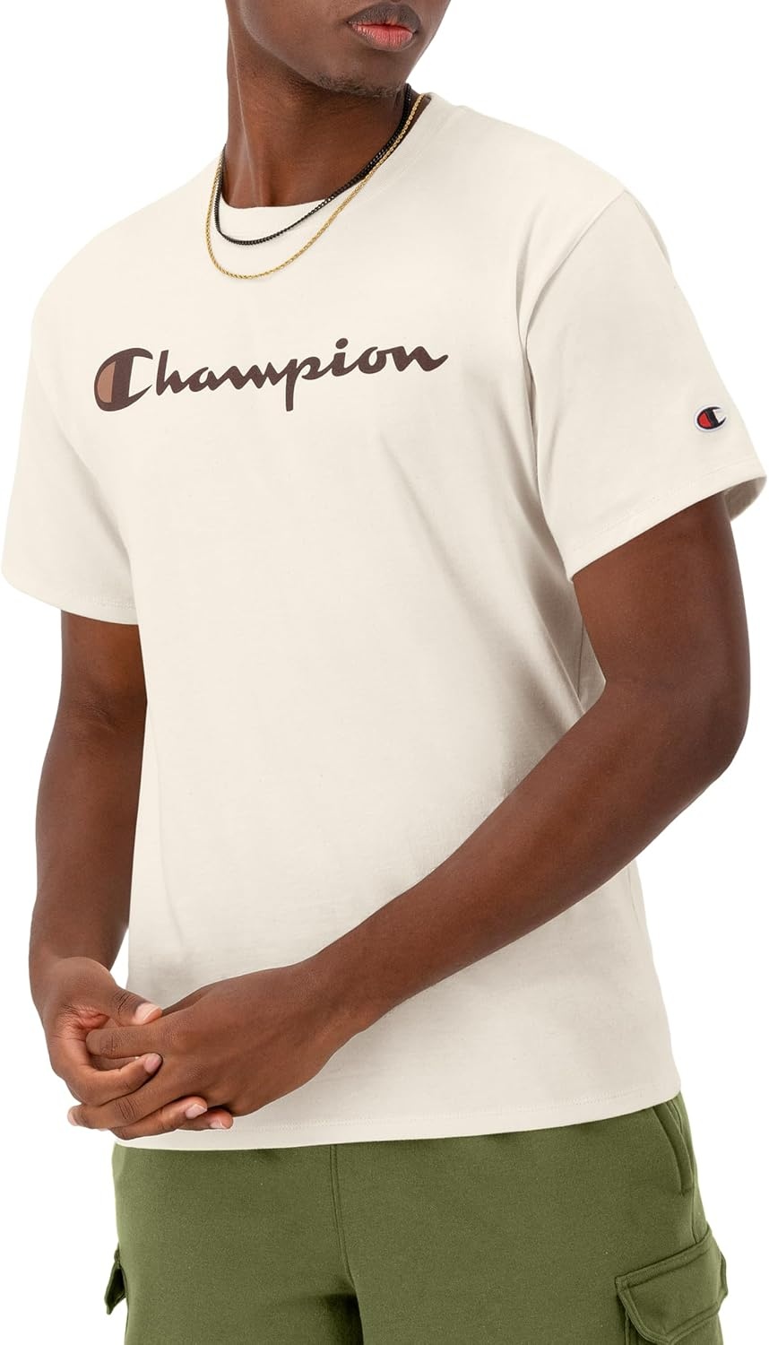 image:imageChampion Mens Graphic Short Sleeve TShirt Standard Fit Classic Script Logo Midweight 100 CottonNatural Classic Script Logo