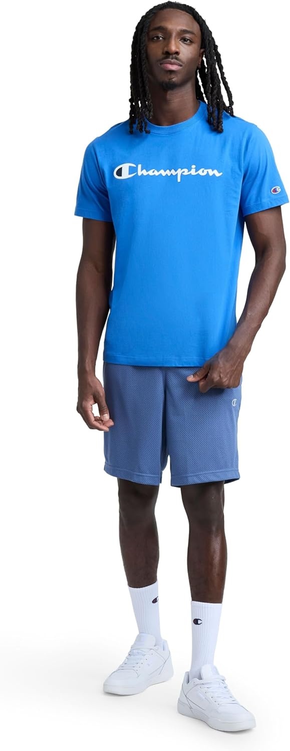 image:imageChampion Mens Graphic Short Sleeve TShirt Standard Fit Classic Script Logo Midweight 100 CottonNebulas Blue Classic Script Logo