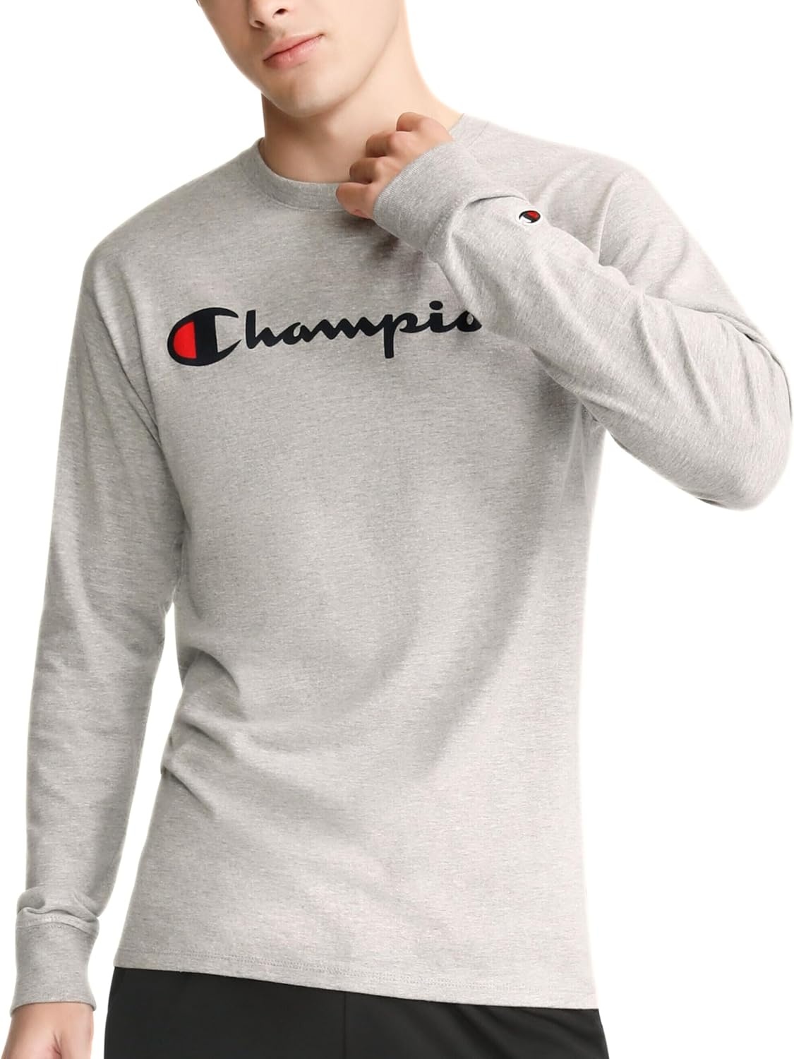 image:imageChampion Mens Long Sleeve Tshirt Classic Tshirt for Men Reg Or Big amp TallOxford Gray Heather Classic Script Logo