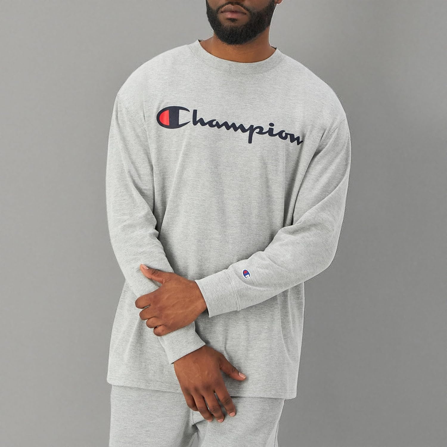 image:imageChampion Mens Long Sleeve Tshirt Classic Tshirt for Men Reg Or Big amp TallOxford Gray Heather Classic Script Logo