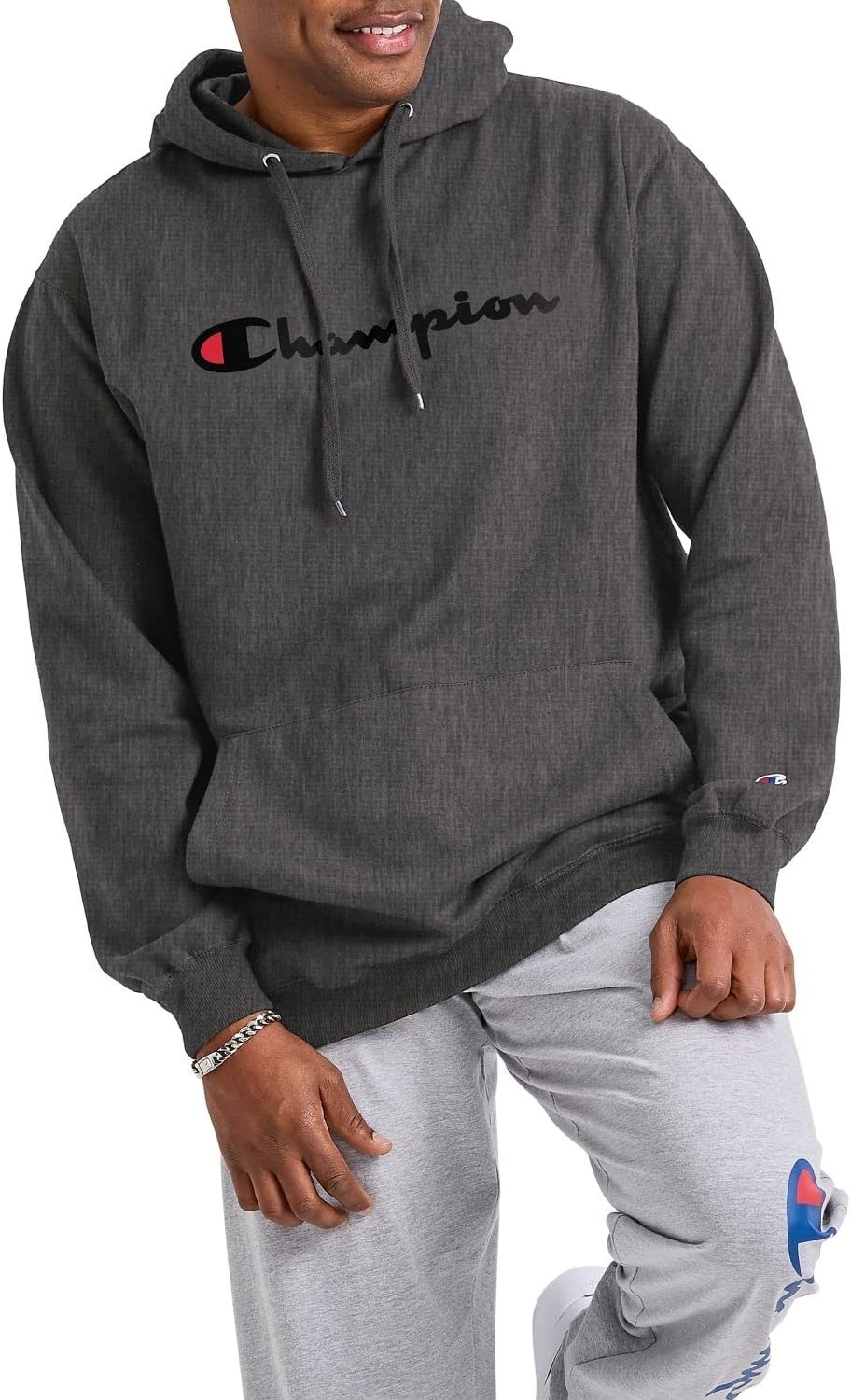 image:imageChampion Mens Pullover Graphic Fleece Hoodie Standard Fit Midweight Fleece Classic Script Logo Available Regular Big amp TallGranite Heather Classic Script Logo